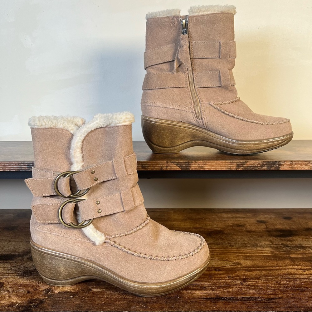 SoftWalk Leather Boots Tan Faux Fur Lined Side Buckles Wedge Heel Women's 7